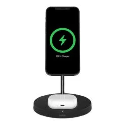Belkin - BoostCharge Pro 2-in-1 Wireless Charger Stand With Official MagSafe Charging 15W -Computer Peripherals WIZ010 BLK MagSafe BoostChargePro 2in1WirlessChargeDock FrontTiltWDevice WEB