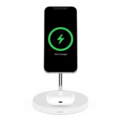Belkin - BoostCharge Pro 2-in-1 Wireless Charger Stand With Official MagSafe Charging 15W -Computer Peripherals WIZ010 WHT MagSafe BoostChargePro 2in1WirlessChargeDock FrontTiltWDevice WEB