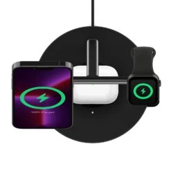 Belkin - BoostCharge Pro 3-in-1 Wireless Charger With Official MagSafe Charging 15W -Computer Peripherals WIZ017 BLK MagSafe BoostChargePro 3in1WirelessChargeDock Topdown WDevice WEB