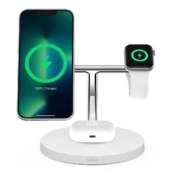 Belkin - BoostCharge Pro 3-in-1 Wireless Charger With Official MagSafe Charging 15W -Computer Peripherals WIZ017 WHT MagSafe BoostChargePro 3in1WirelessChargeDock Tilt Device WEB