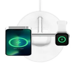 Belkin - BoostCharge Pro 3-in-1 Wireless Charger With Official MagSafe Charging 15W -Computer Peripherals WIZ017 WHT MagSafe BoostChargePro 3in1WirelessChargeDock Topdown WDevice WEB